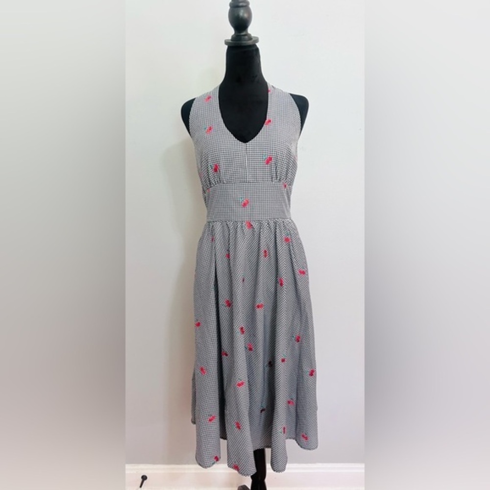 Retrolicious Black White Gingham Embroidered Cherries Halter Top Dress Sz M
